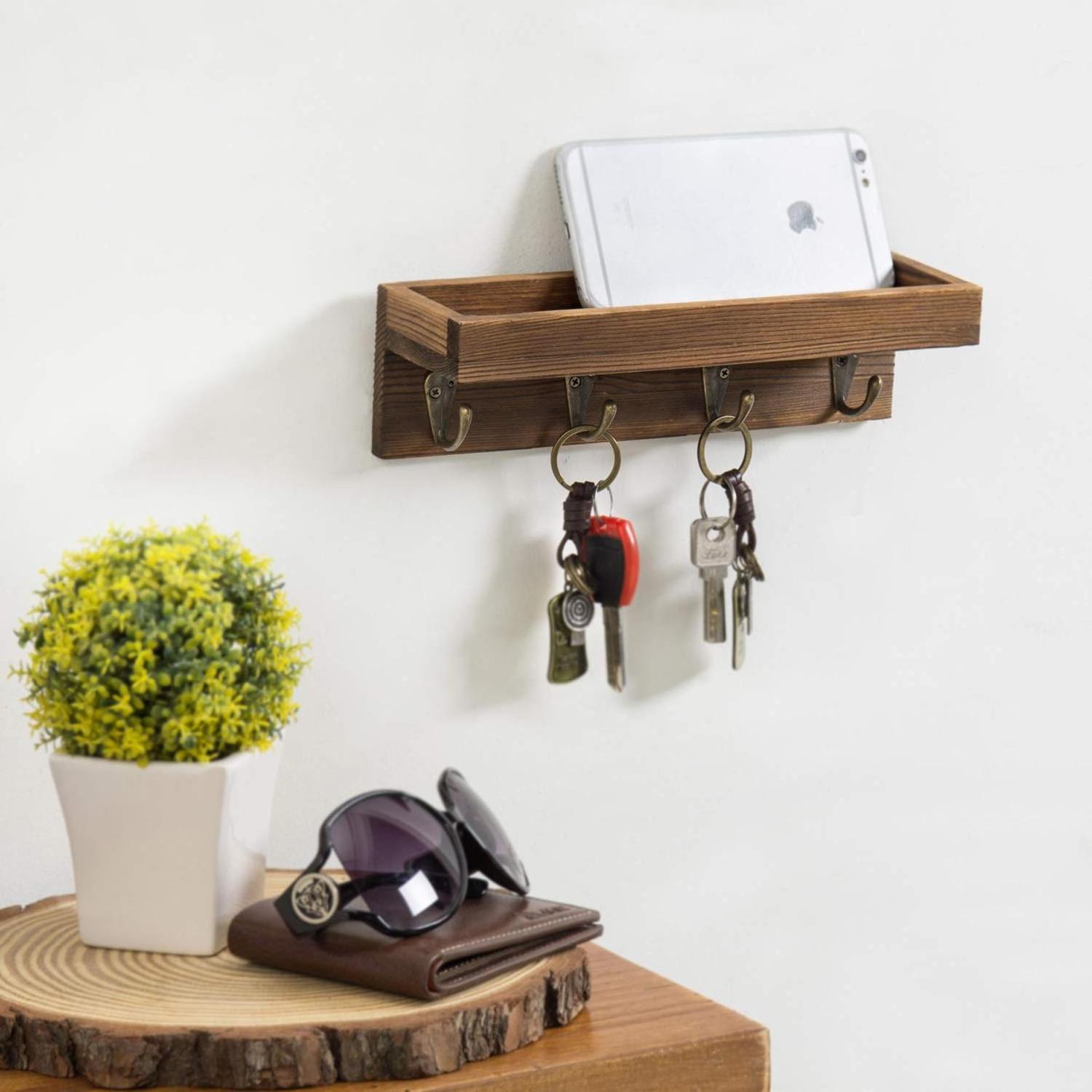 Floating Wall Shelf with Hooks, Dark Brown Wood Entryway Storage Shelf with 4 Metal Key Hooks