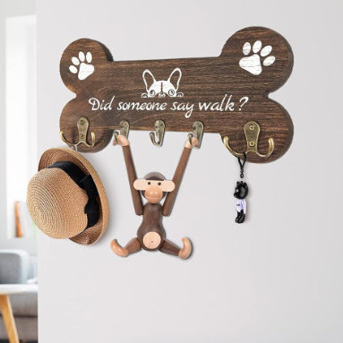 Decorative Farmhouse Bone Shape Brown Wood Dog Leash Shelf And Key Holder For Wall