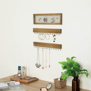 Wooden Wall-Mounted Jewelry Organizers with Mesh Earring Holder with hooks, Jewelry hangers for holding necklaces, bracelets