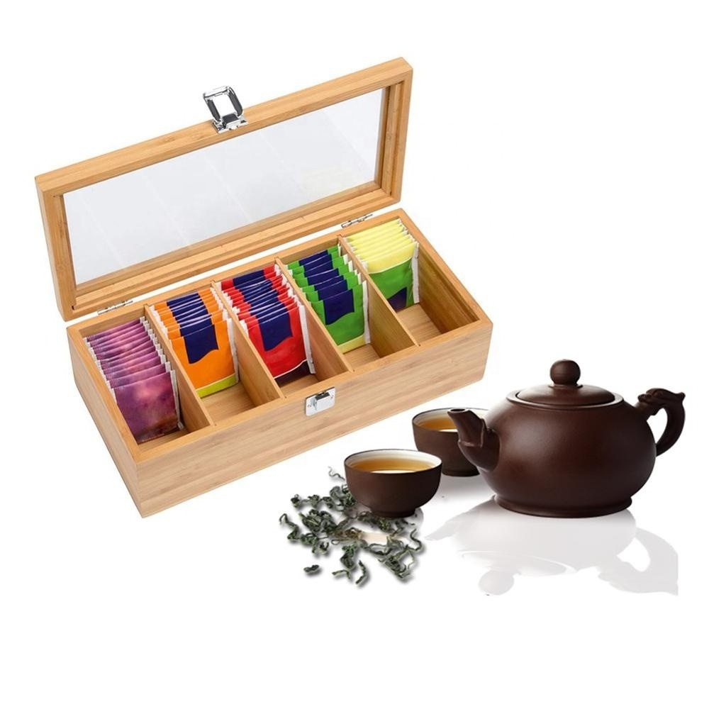 Wood Bamboo 5 Compartments Tea Bag Storage Organizer Wooden Organizer Box with Transparent Lid