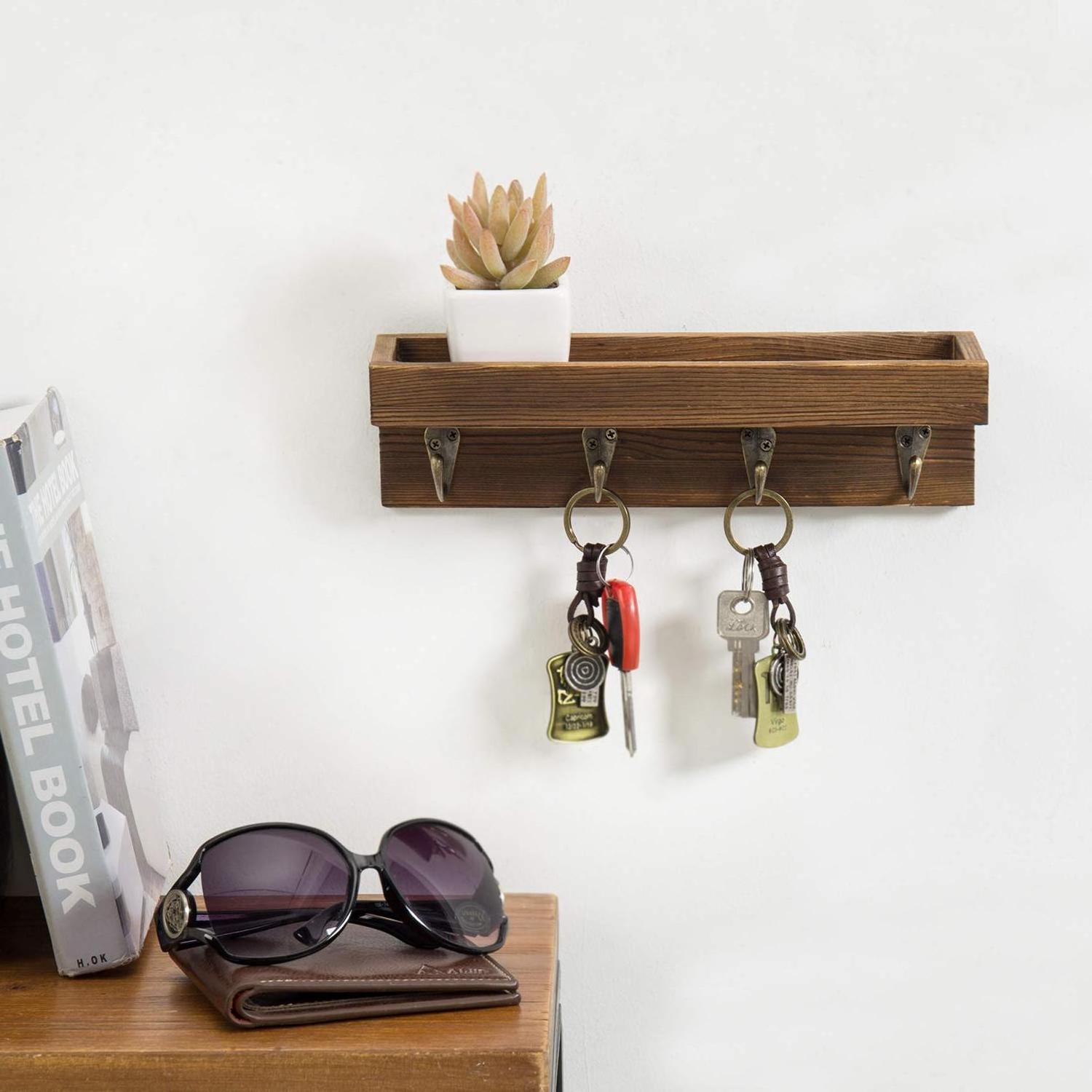 Floating Wall Shelf with Hooks, Dark Brown Wood Entryway Storage Shelf with 4 Metal Key Hooks