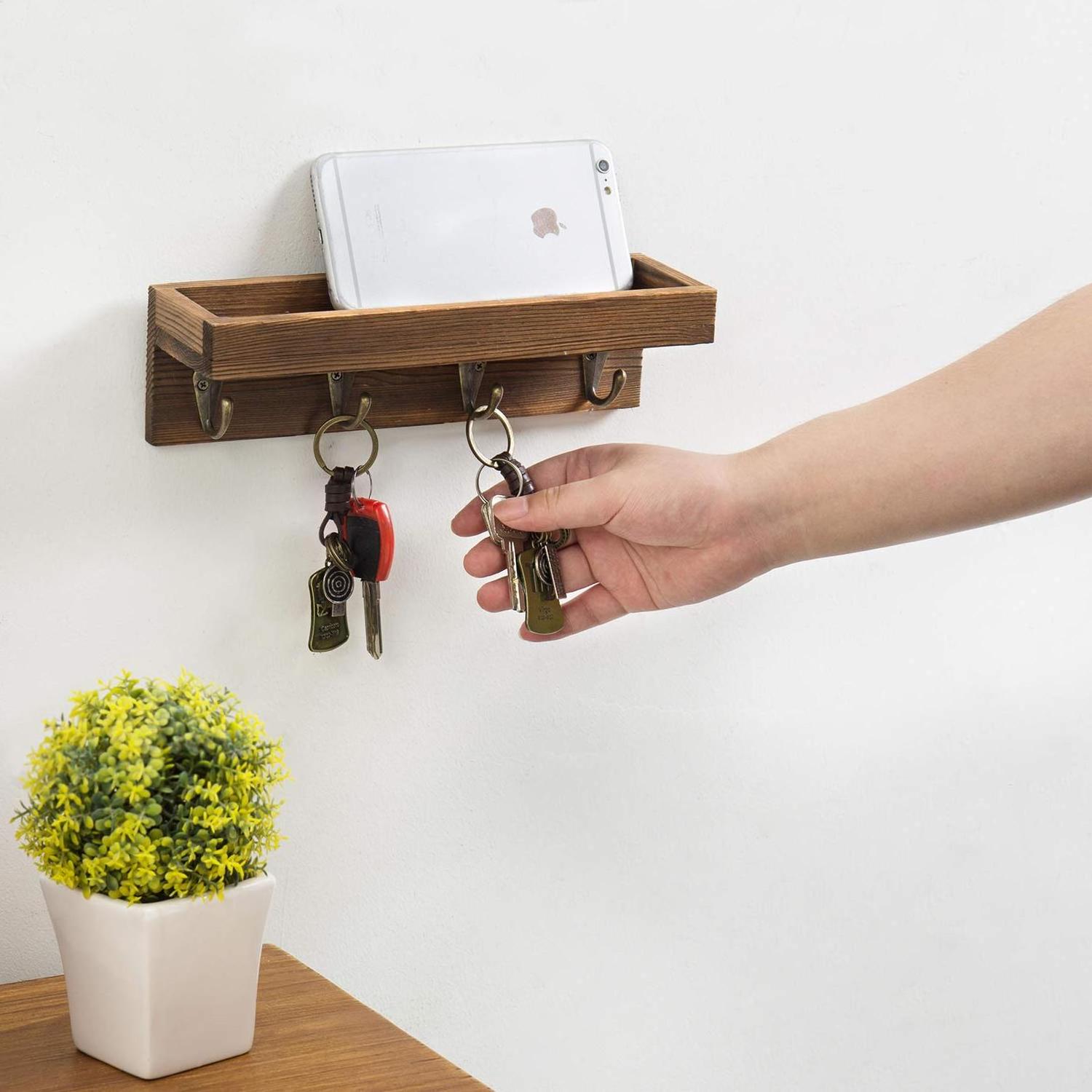 Floating Wall Shelf with Hooks, Dark Brown Wood Entryway Storage Shelf with 4 Metal Key Hooks