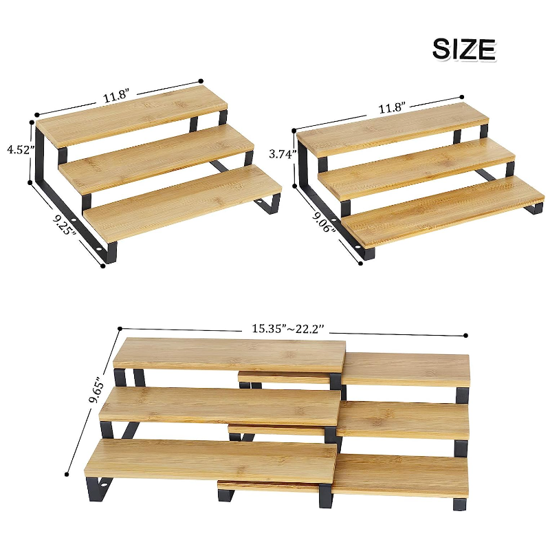 Set Of 2 Countertop 3 Tier Bamboo Expandable Step Display Shelf Spice Rack Organizer Kitchen For Cabinet