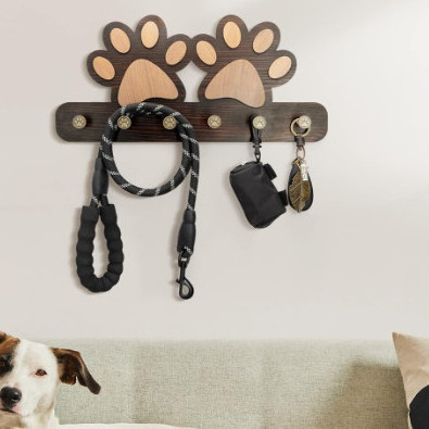 Rustic Wooden Wall Mount Dog Leash Shelf Key Hanger Dog Paw Leash Holders With 5 Hooks