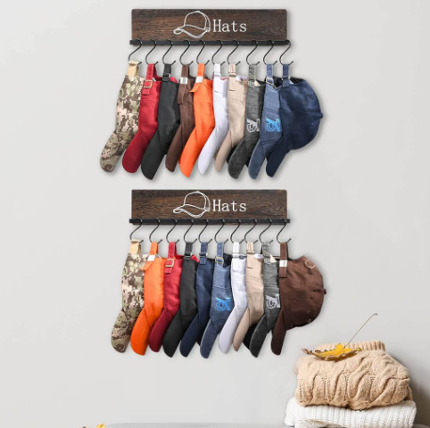 Modern Wall-Mounted Wood Metal Hat Holder Baseball Cap Organizer Hanger Rack