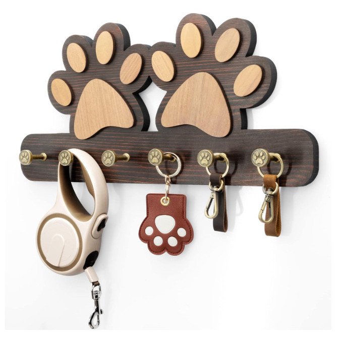 Rustic Wooden Wall Mount Dog Leash Shelf Key Hanger Dog Paw Leash Holders With 5 Hooks