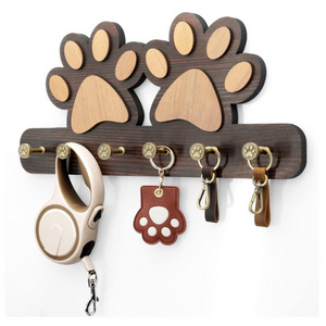 Rustic Wooden Wall Mount Dog Leash Shelf Key Hanger Dog Paw Leash Holders With 5 Hooks