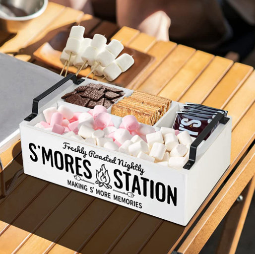 White Home Bar Accessories Rustic Wooden S'Mores Bar Box Wood Smores Caddy For Smores Kit