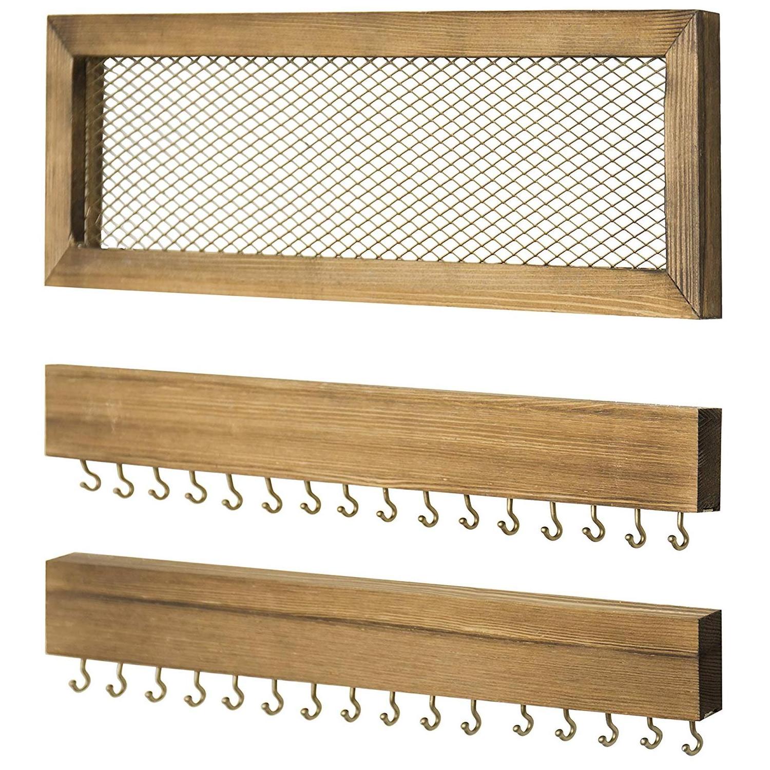 Wooden Wall-Mounted Jewelry Organizers with Mesh Earring Holder with hooks, Jewelry hangers for holding necklaces, bracelets