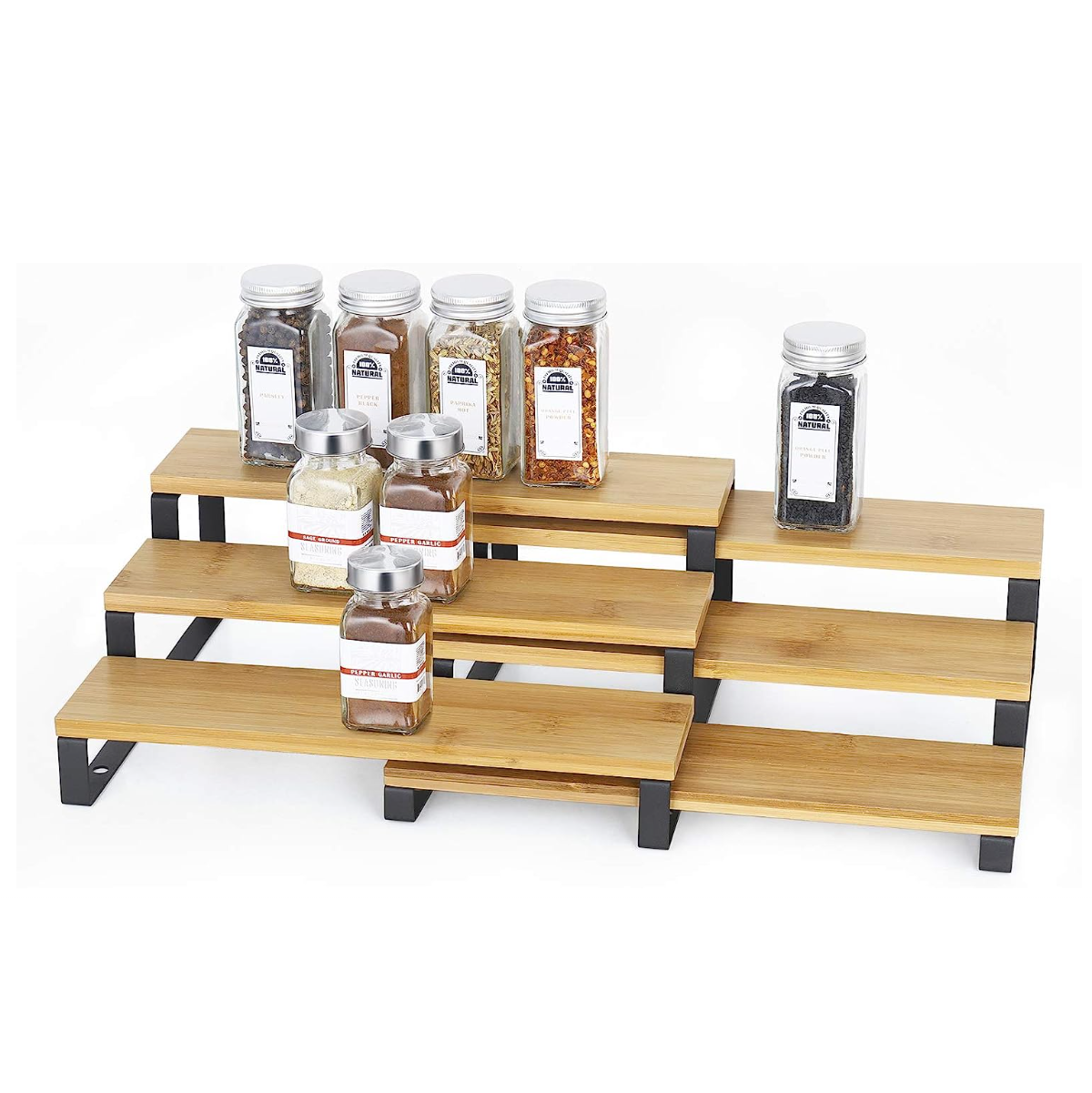 Set Of 2 Countertop 3 Tier Bamboo Expandable Step Display Shelf Spice Rack Organizer Kitchen For Cabinet