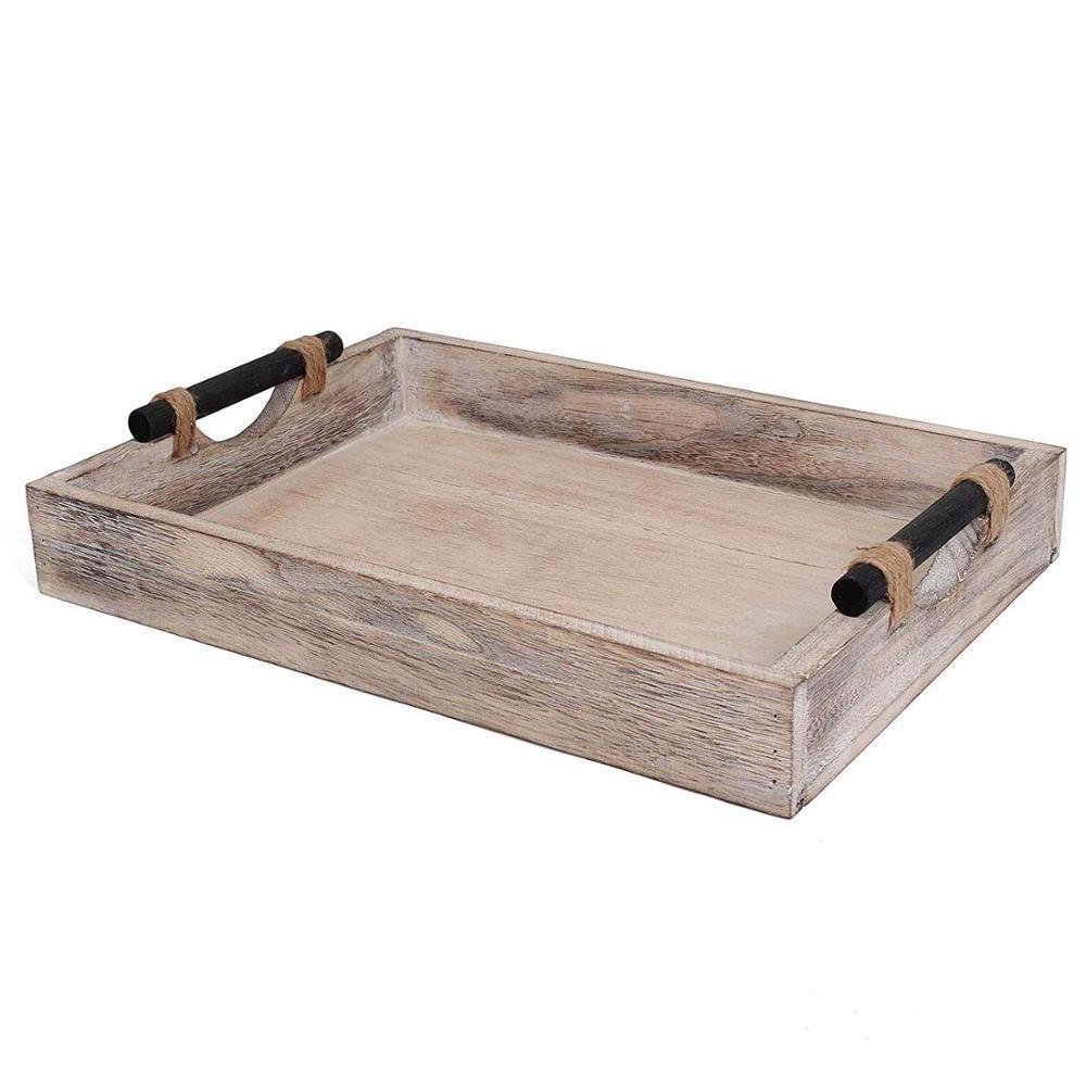 High Quality Rustic Tray Wooden  Serving Tray With Modern Black Metal Handles Wooden Serving Tray