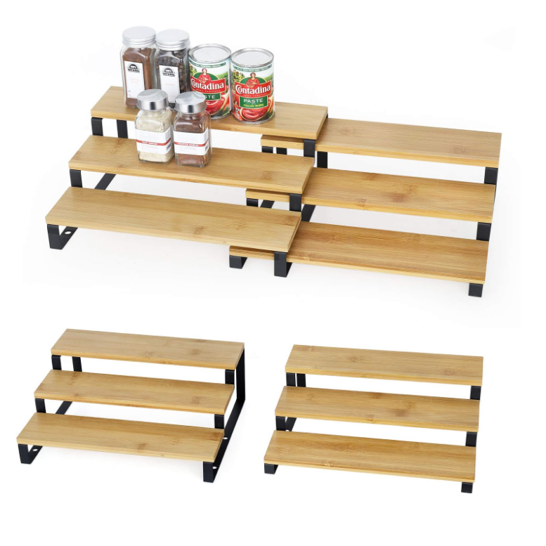 Set Of 2 Countertop 3 Tier Bamboo Expandable Step Display Shelf Spice Rack Organizer Kitchen For Cabinet