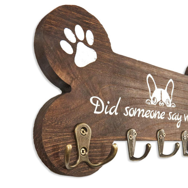 Decorative Farmhouse Bone Shape Brown Wood Dog Leash Shelf And Key Holder For Wall