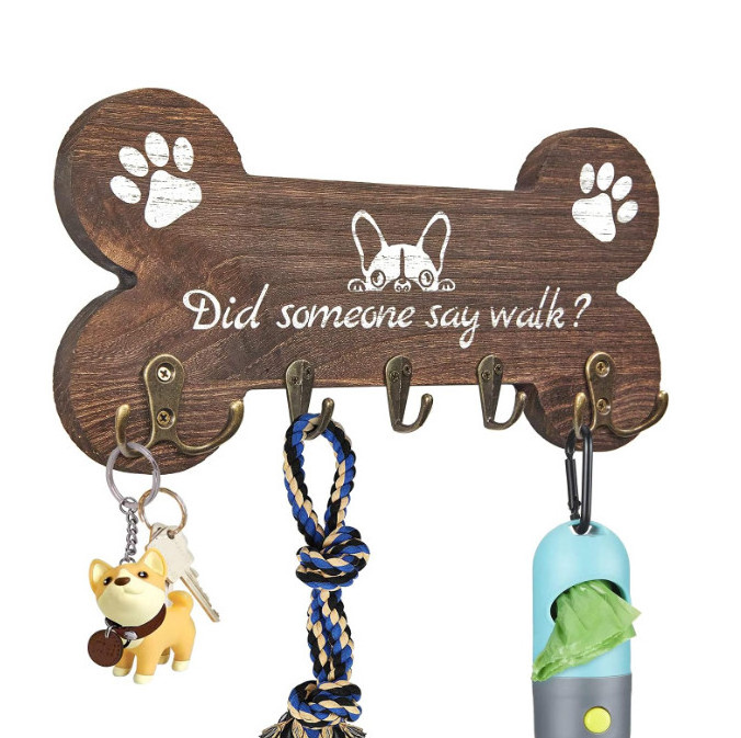 Decorative Farmhouse Bone Shape Brown Wood Dog Leash Shelf And Key Holder For Wall