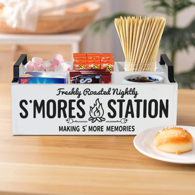 White Home Bar Accessories Rustic Wooden S'Mores Bar Box Wood Smores Caddy For Smores Kit