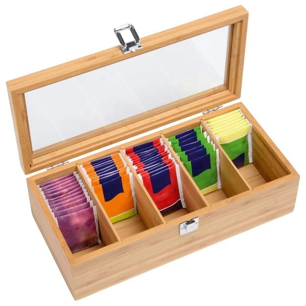 Wood Bamboo 5 Compartments Tea Bag Storage Organizer Wooden Organizer Box with Transparent Lid