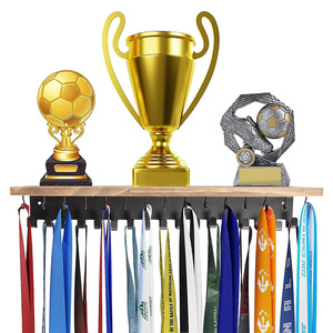 Medal Hanger Display Trophy Shelf with 32 Hooks Wooden Medal Holder for Wall Mount Sport Awards Soccer Honors Wall Mount Rack