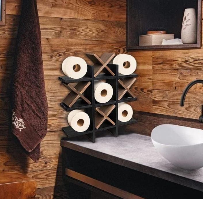 Wood Tic Tac Toe Toilet Paper Holder Stand with 4pcs Wooden X, Wall Mounted Toilet Papers Storage with Shelf Paper Roll Bathroom