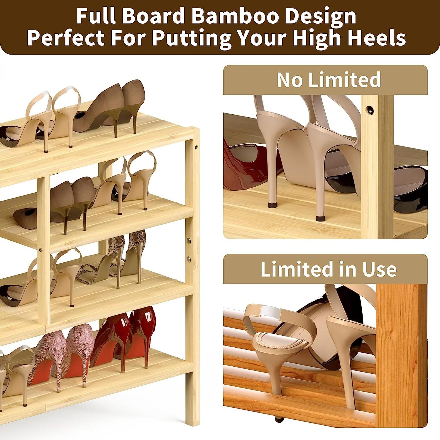 4 Tiers Bamboo Shoe Rack Sturdy Multifunctional Entryway Bedroom Front Door Organizer for Boots Storage