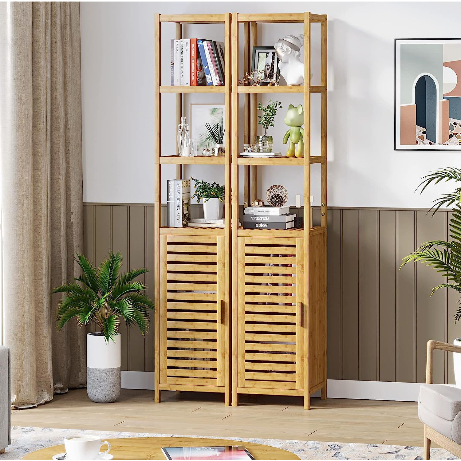 Natural Bamboo 3 Tier Shelves Storage Tall Slim Cabinet with Door Freestanding Wooden Organizer for Bedroom Living Room