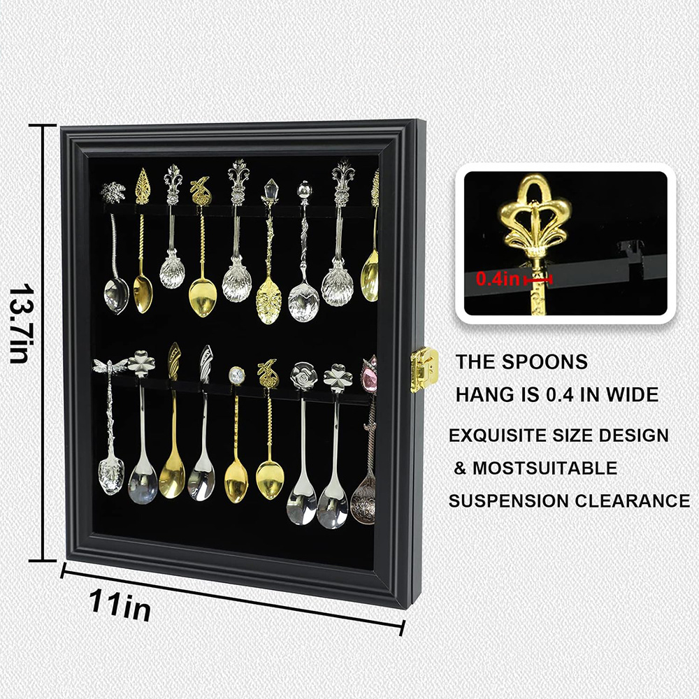 18 Tea Spoon Souvenir Display Case Wooden Shadow Box with Acrylic Door Wall Mount Home Collection Storage Rack