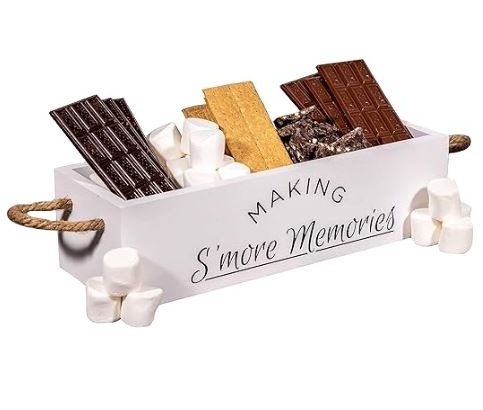 custom Smores Station Wooden Box Smores Bar Carrier with Handles with 6 pcs Marshmallow Sticks, Farmhouse Smores Kit Caddy