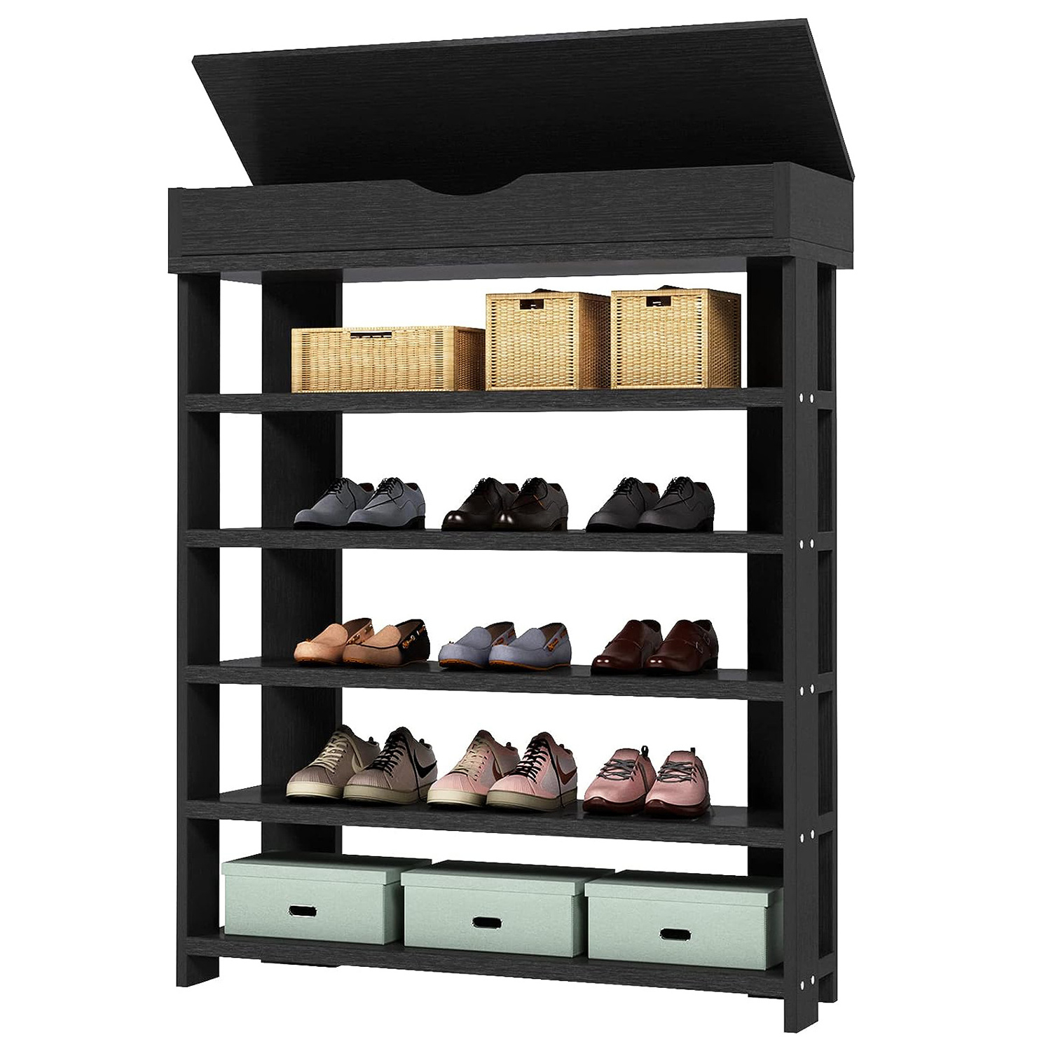 5-Tier Wooden Shoe Rack with Storage Cabinet Vertical Free Standing Shoe Wood Shelf Boot Organizer Storage Cabinet for Entryway