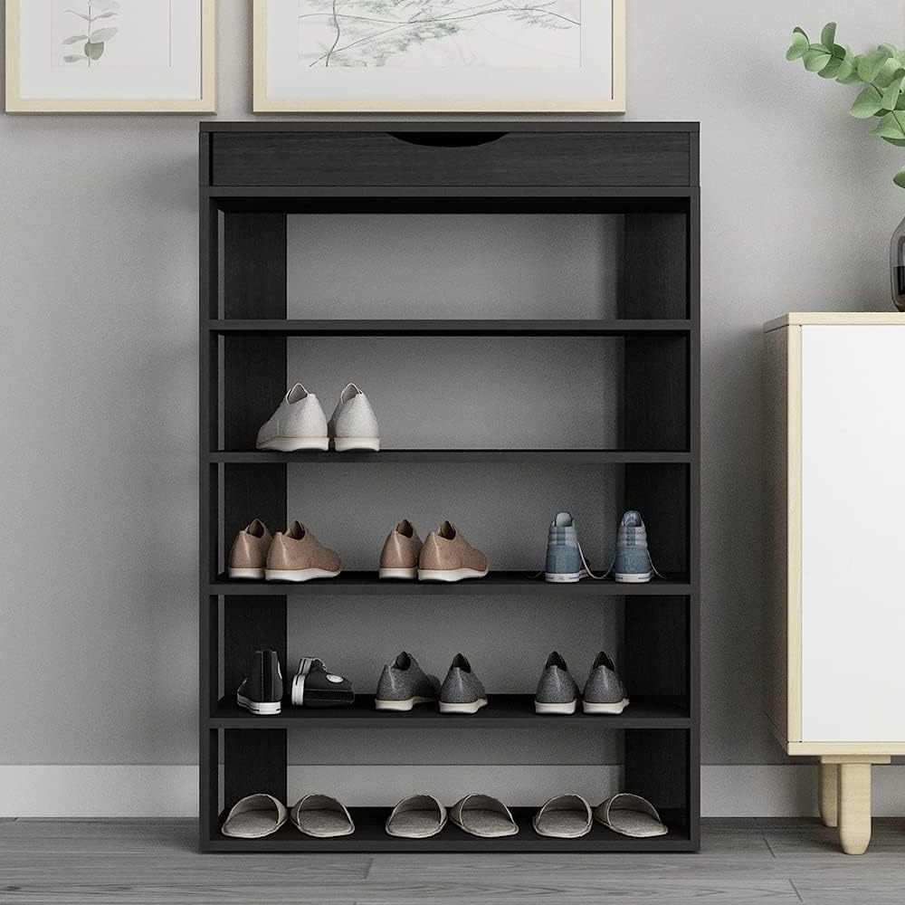 5-Tier Wooden Shoe Rack with Storage Cabinet Vertical Free Standing Shoe Wood Shelf Boot Organizer Storage Cabinet for Entryway