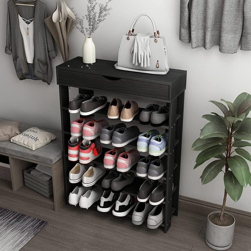 5-Tier Wooden Shoe Rack with Storage Cabinet Vertical Free Standing Shoe Wood Shelf Boot Organizer Storage Cabinet for Entryway