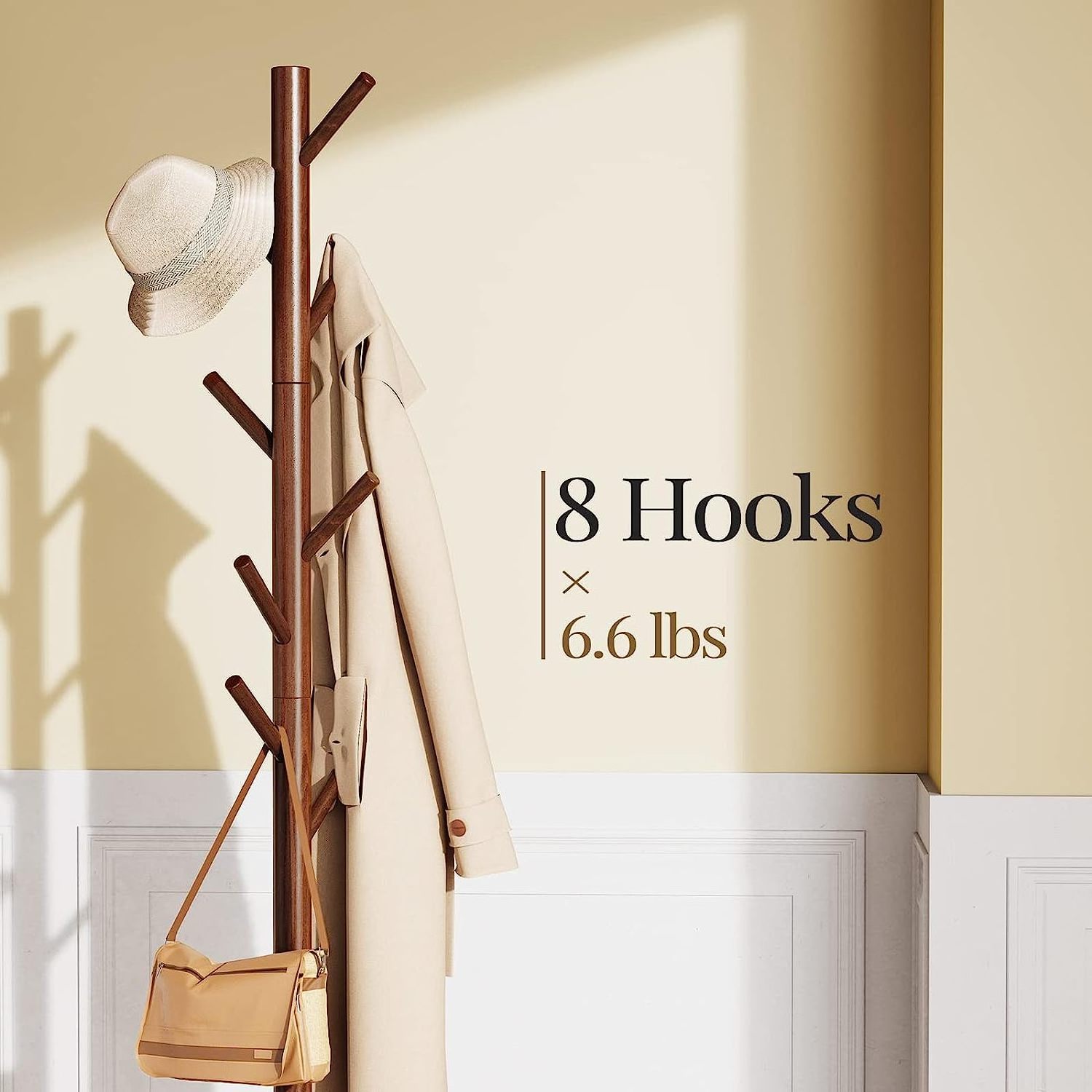 Hot Sale Wooden Coat Rack Coat Rack Stand with 3 Adjustable Sizes Coat Tree and 8 Hooks for Cloathes Hat Used in Bedroom