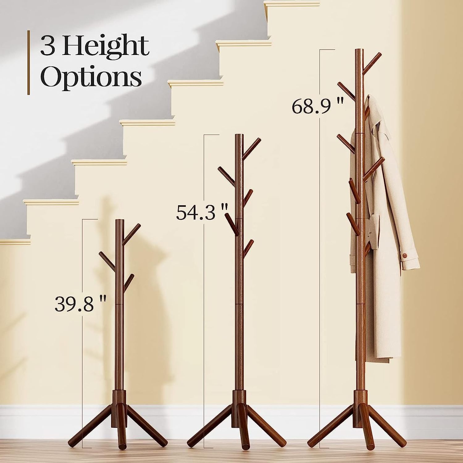 Hot Sale Wooden Coat Rack Coat Rack Stand with 3 Adjustable Sizes Coat Tree and 8 Hooks for Cloathes Hat Used in Bedroom