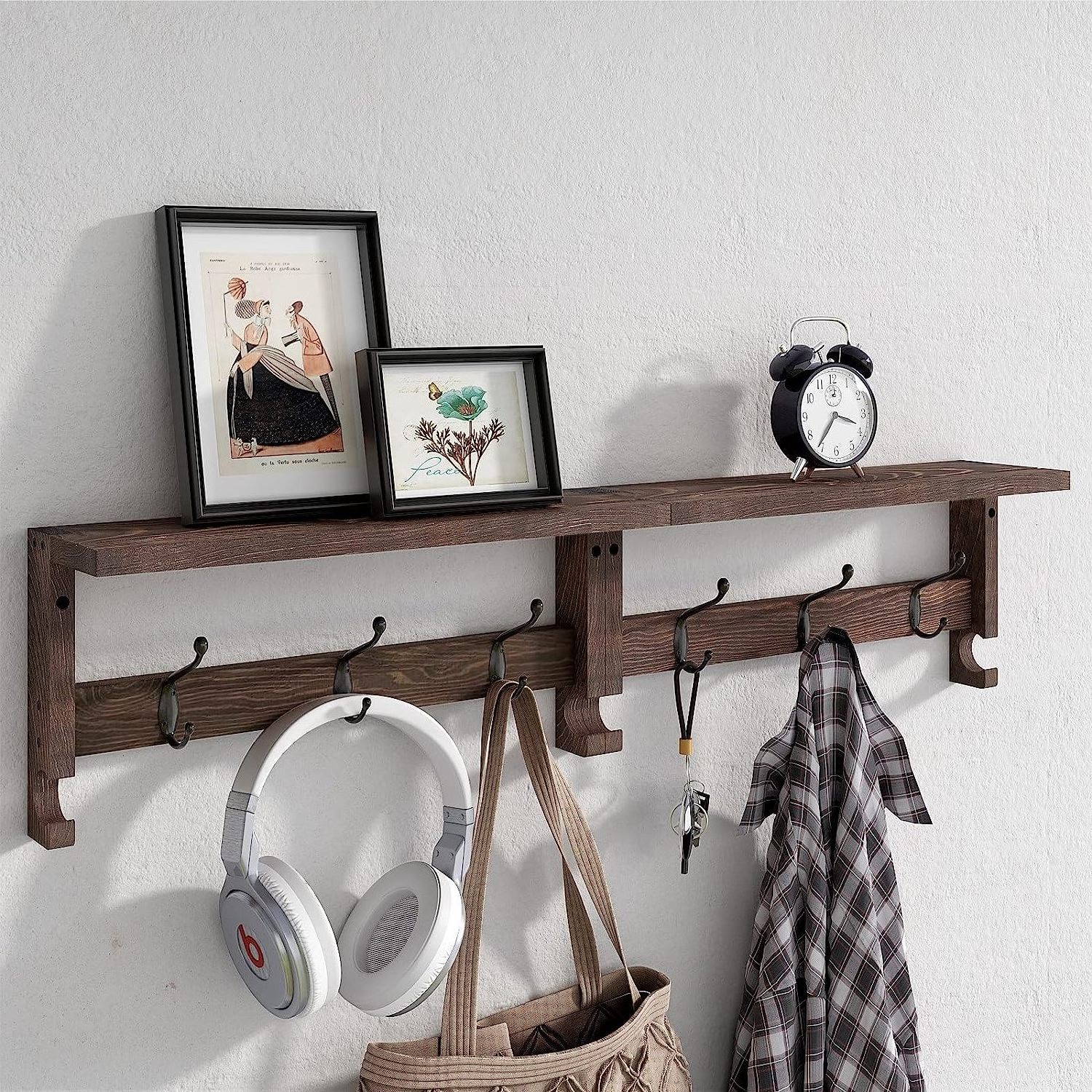 Wooden Coat Rack with Wall Mounted Metal Hooks for Bedroom Bathroom or Kitchen Wooden Hanging Shelf for Clothes