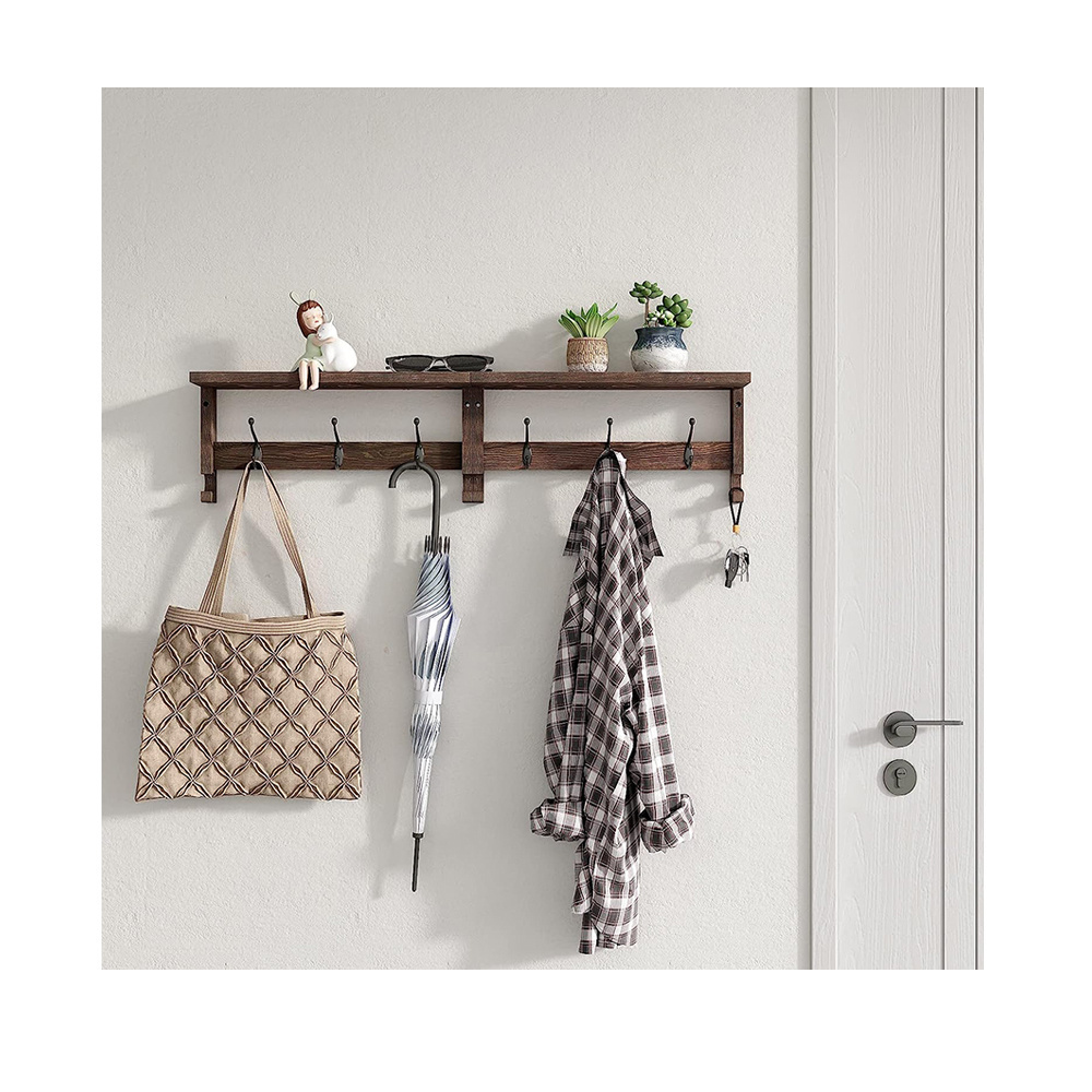 Wooden Coat Rack with Wall Mounted Metal Hooks for Bedroom Bathroom or Kitchen Wooden Hanging Shelf for Clothes