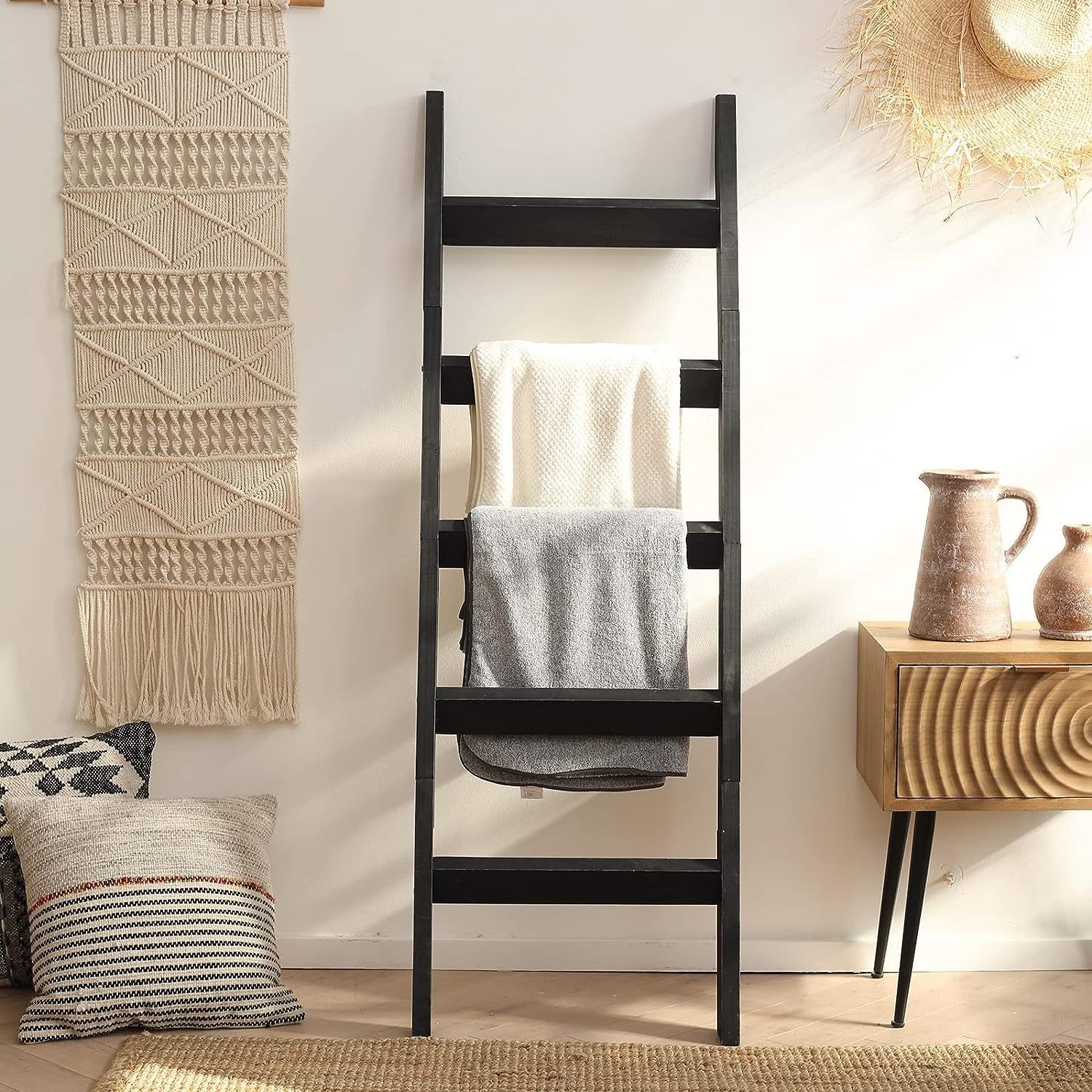 Wall Leaning Blanket Ladder Wood Decorative Scarf Ladders Bathroom Storage Towel Display Rack Shelf Organizer for Livingroom