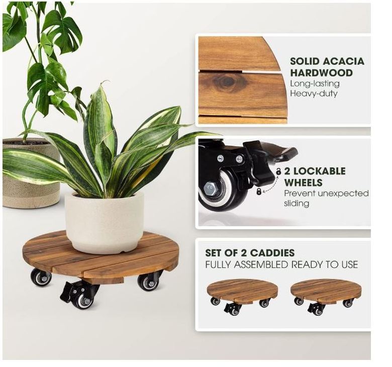 Round Wood Plant Caddy with Wheels, Set of 2 Acacia Hardwood Plant Dolly Stand with 360 Lockable Wheels for Plant Pots