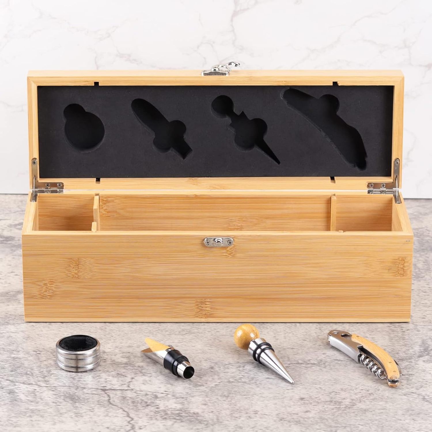 Bamboo Wine Bottle Gift Box with Latched Lid Wine Box with Opener Accessories Set Wine Case with Tools Set Wood Storage Box