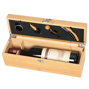 Bamboo Wine Bottle Gift Box with Latched Lid Wine Box with Opener Accessories Set Wine Case with Tools Set Wood Storage Box