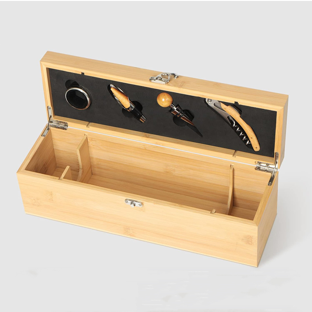 Bamboo Wine Bottle Gift Box with Latched Lid Wine Box with Opener Accessories Set Wine Case with Tools Set Wood Storage Box