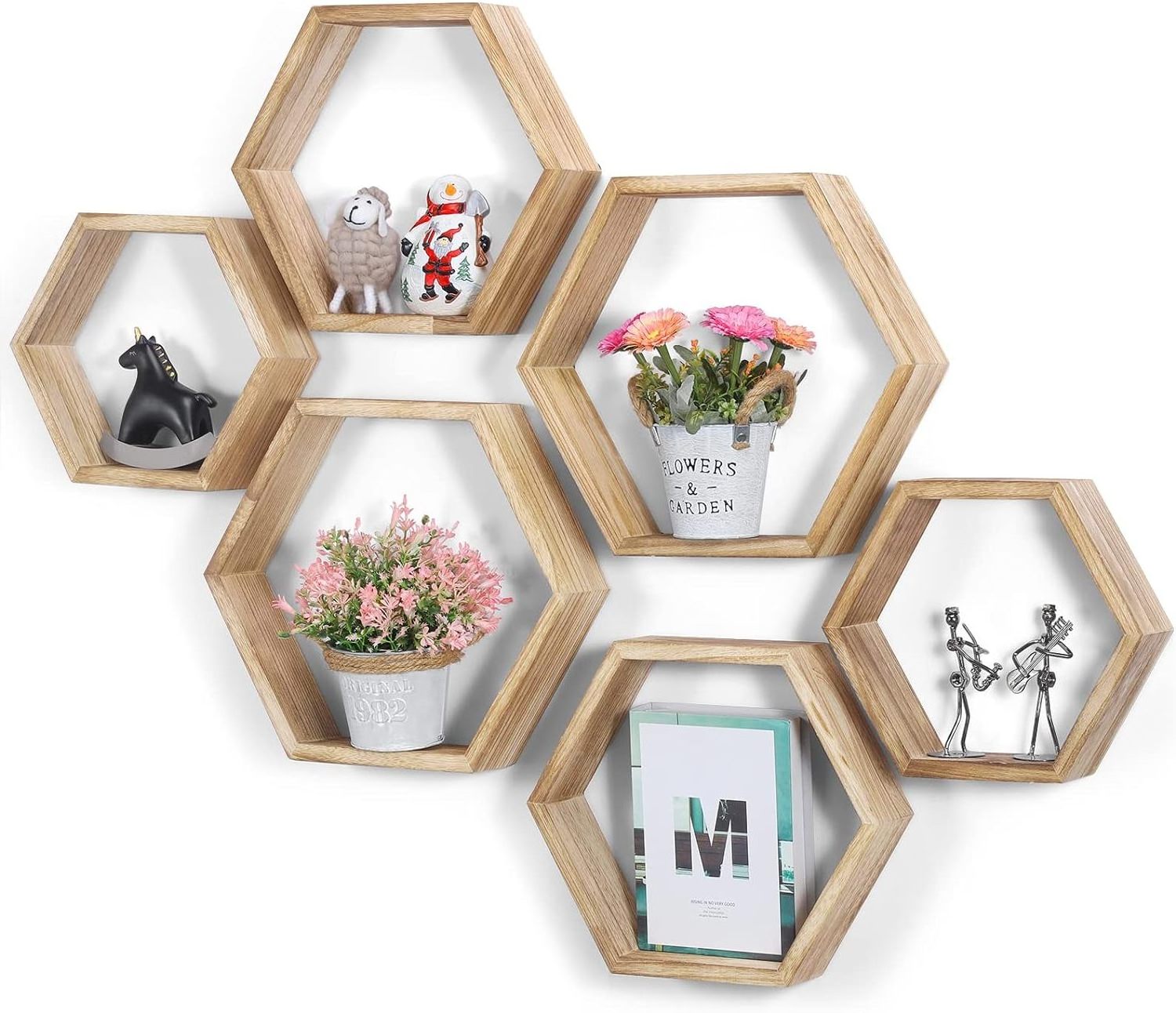 Set of 6 Wall Shelves Floating Shelves Wood Hexagon Display Shelves for Wall Decor Wooden Honeycomb Storage Rack for Bedroom