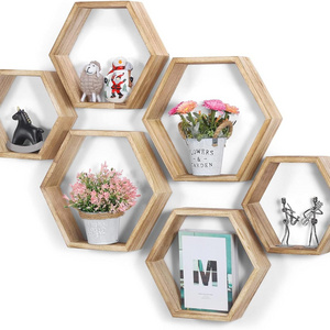 Set of 6 Wall Shelves Floating Shelves Wood Hexagon Display Shelves for Wall Decor Wooden Honeycomb Storage Rack for Bedroom