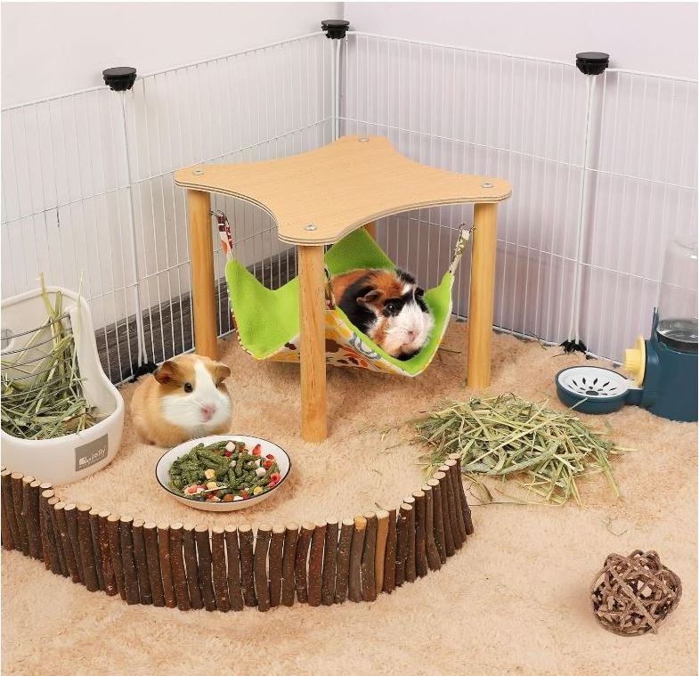 Guinea Pigs Hammock with Wooden Stand Double-Sided Hanging Hammock Bed for Chinchilla Rat Hamster Bunny Ferrets Sleeping Hiding