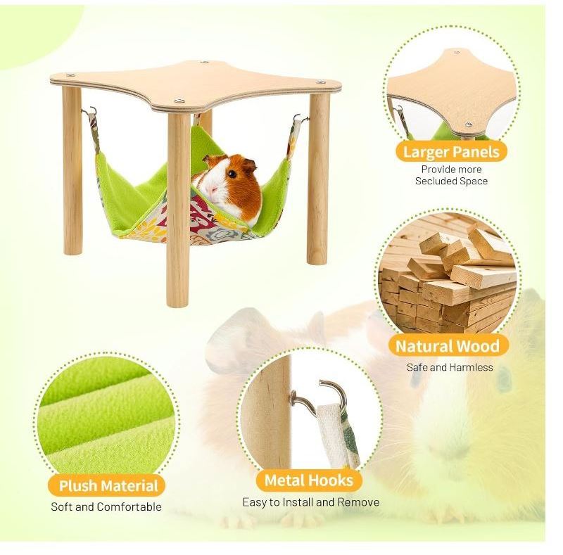 Guinea Pigs Hammock with Wooden Stand Double-Sided Hanging Hammock Bed for Chinchilla Rat Hamster Bunny Ferrets Sleeping Hiding