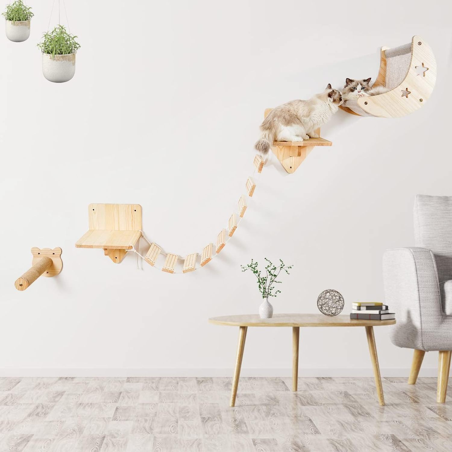 Wall-Mounted Cat Bridge Walkway Hammock with Perches and Scratching Post Cat Wall Shelves Trees & Scratcher Genre