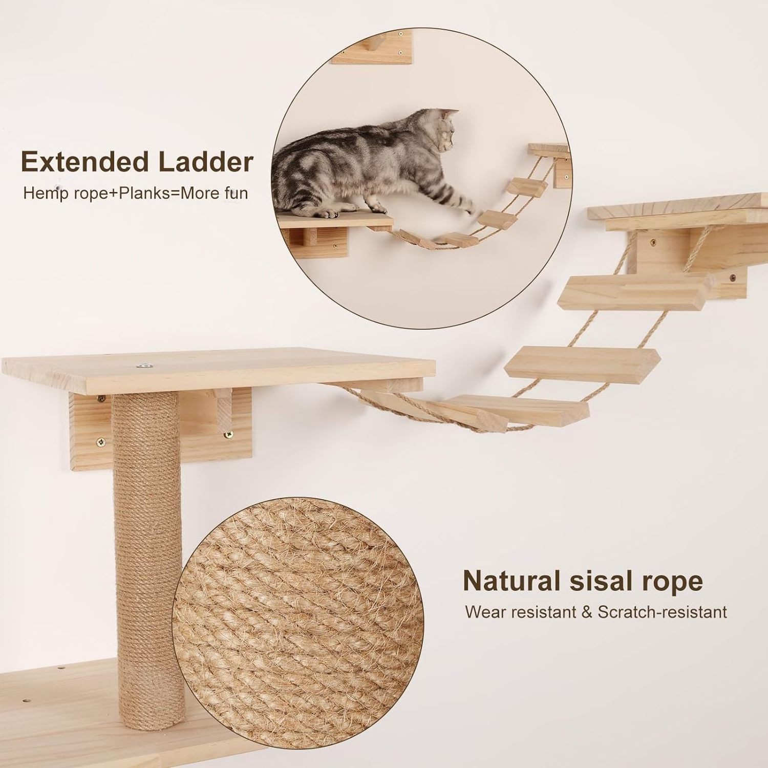 9-Piece Natural Wood Cat Wall Shelves and Perches Wall Mounted Cat Climbing Furniture with 1 Cat House for Trees & Scratcher