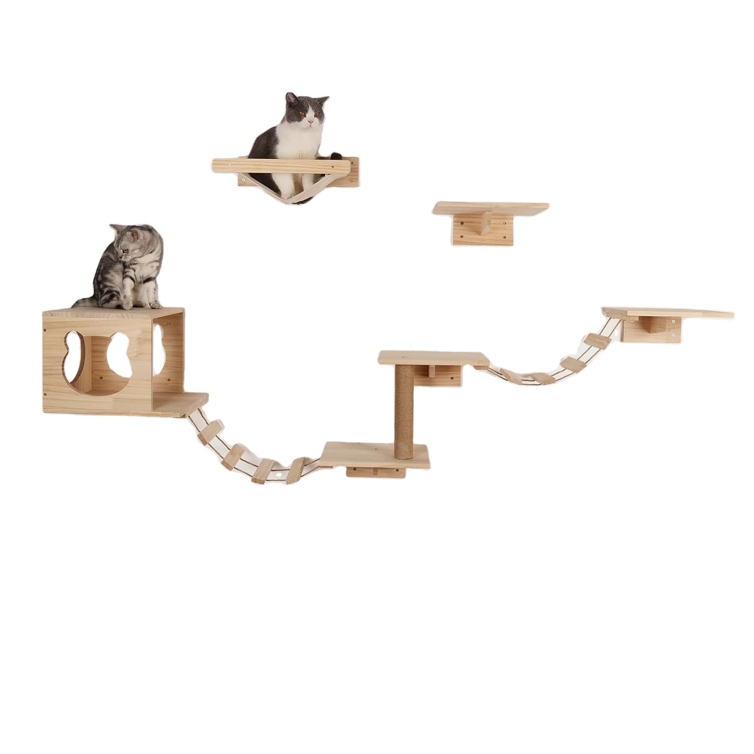 9-Piece Natural Wood Cat Wall Shelves and Perches Wall Mounted Cat Climbing Furniture with 1 Cat House for Trees & Scratcher