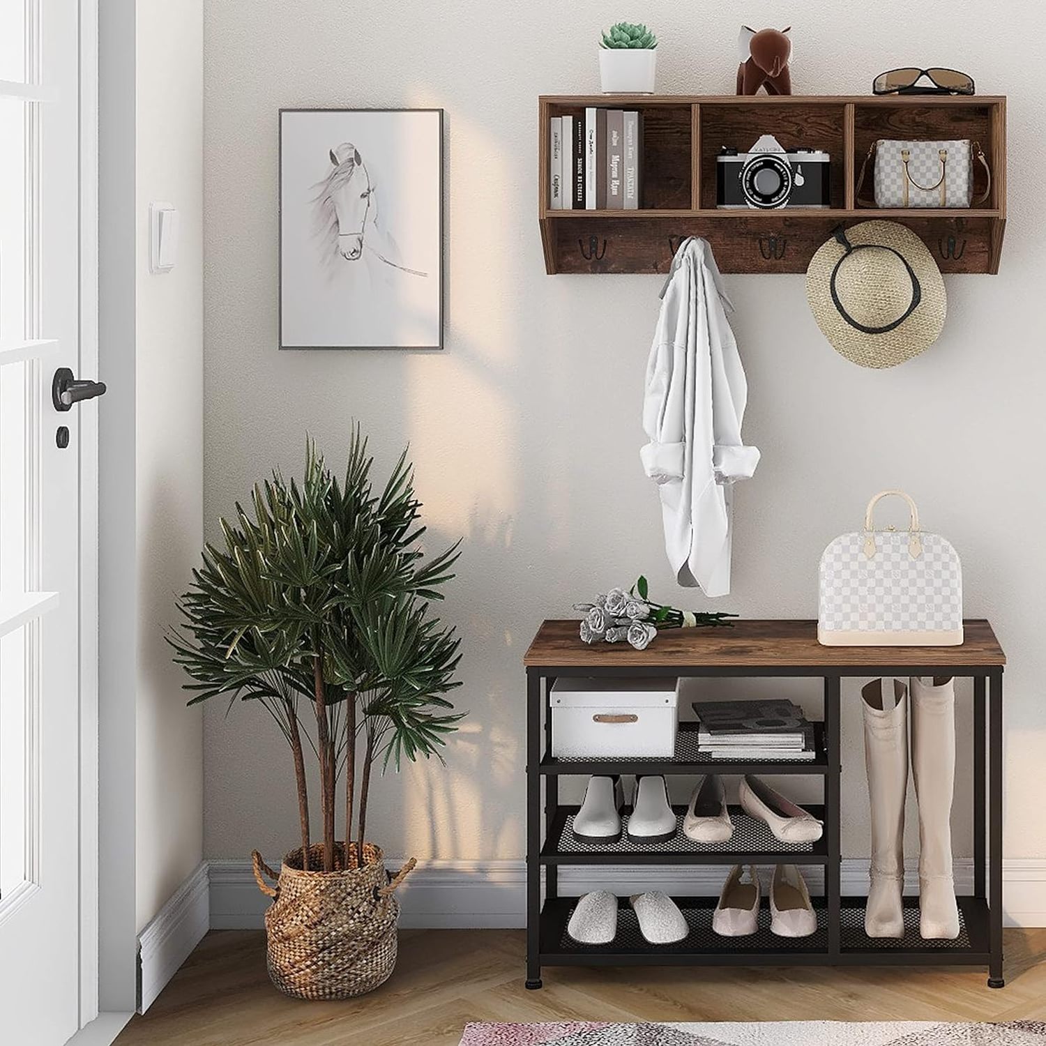 Efficient Storage Entryway Hall Tree with Bench Coat Rack Shoe Bench Set Coat Stand for Travel Tableware Storage