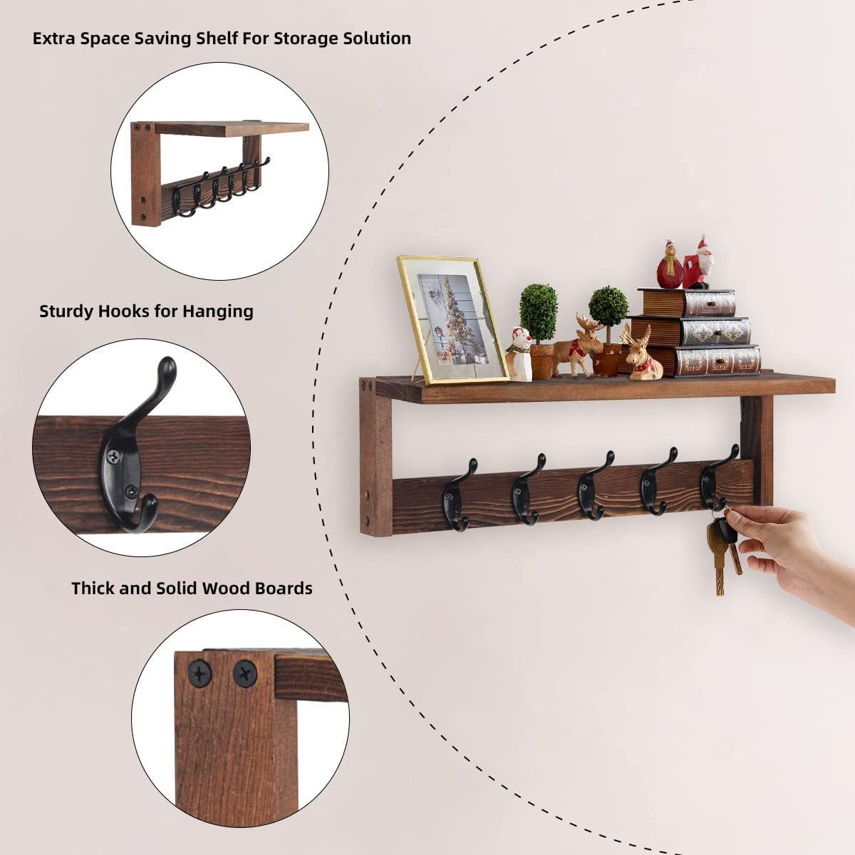 Wall Mount Coat Rack with Shelf Display Shelves for Home or Office Decor