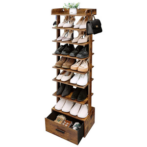 Large Vertical Shoe Rack 8 Tiers Wooden Shoes Racks with Bottom Drawer Wooden Shoes Storage Shelf with Top Storage for Entryway