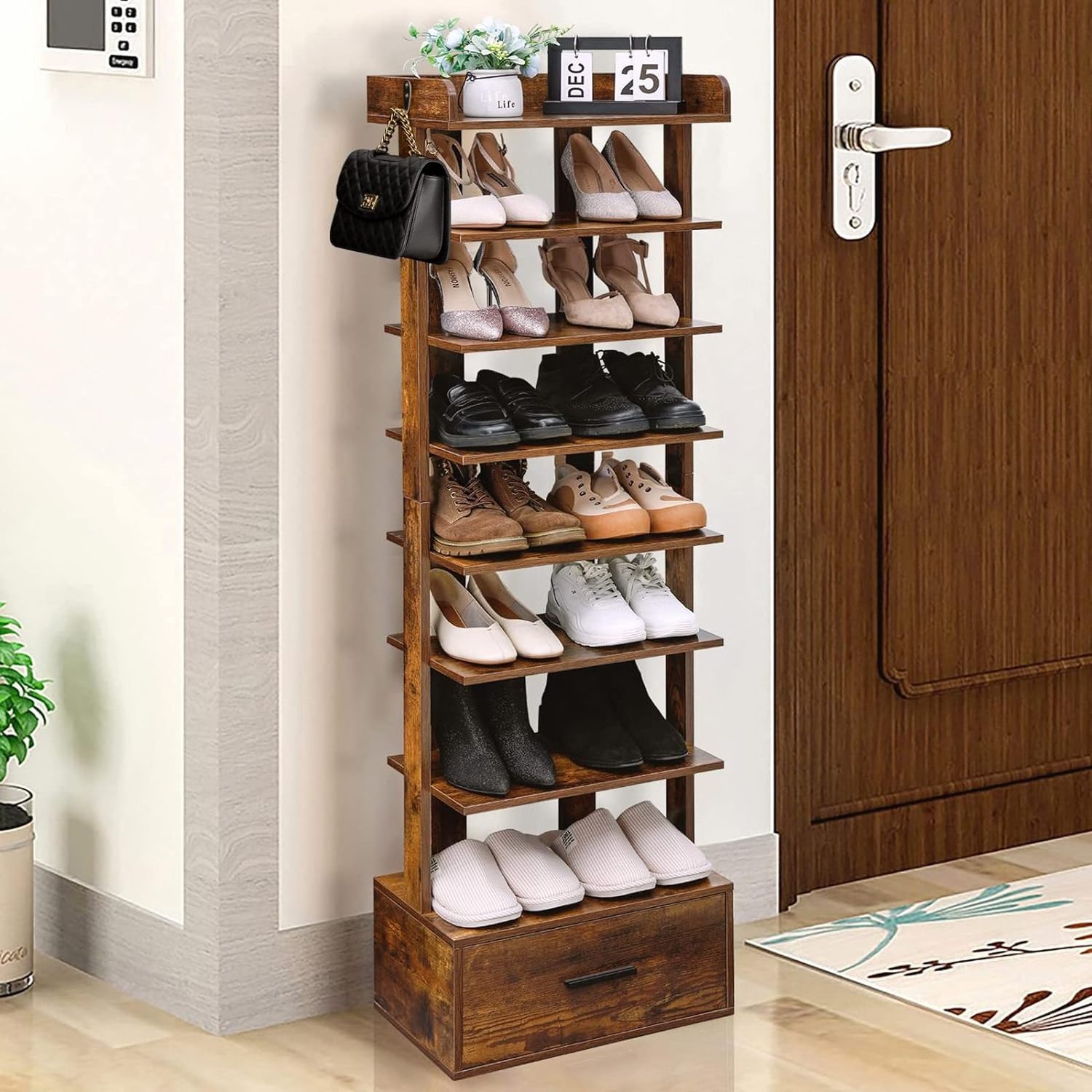 Large Vertical Shoe Rack 8 Tiers Wooden Shoes Racks with Bottom Drawer Wooden Shoes Storage Shelf with Top Storage for Entryway