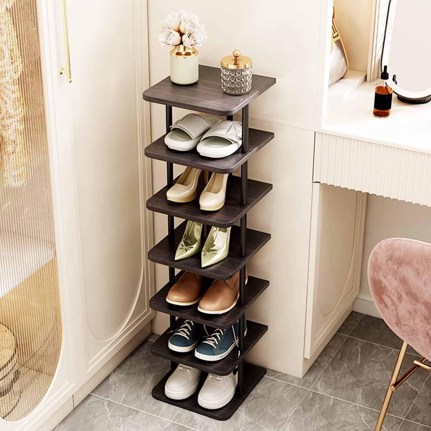 7 Tier Vertical Shoe Rack Wooden Shoes Organizer Vertical Storage Stand Narrow Shelf for Entryway Corner Modern Shoe Tower